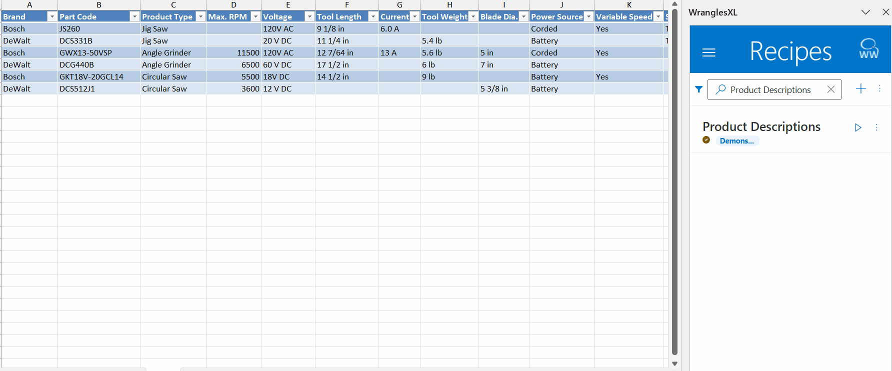 Easily extract data, create descriptions and more with the WranglesXL add-in.